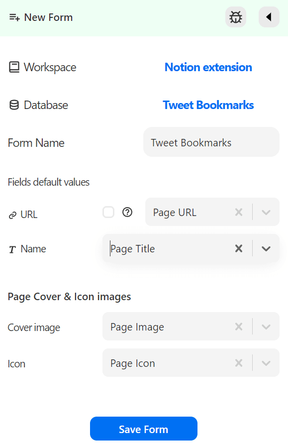 Tweet Bookmarks form in extension